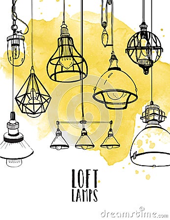 Flyer with modern edison loft lamps, vintage, retro style light bulbs. Hand drawn vector background Vector Illustration