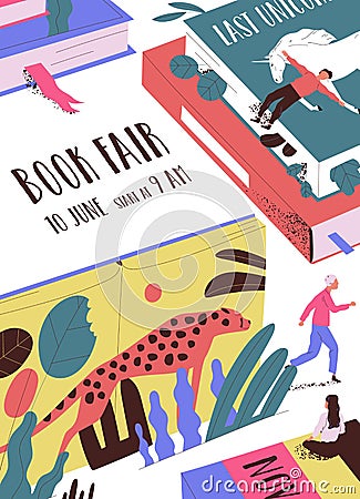 Flyer or poster template with tiny people, giant books and place for text. Book fair, market or exhibition, literature Vector Illustration