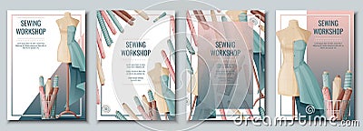 Flyer set with sewing mannequin and fabric rolls.Light industry. Needlework, hobby, sewing. Poster banner for sewing Vector Illustration