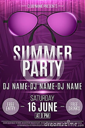 Flyer for a Summer Party. Beach sunglasses with neon glow. Purple background with palm trees. The names of the club and DJ. Poster Vector Illustration