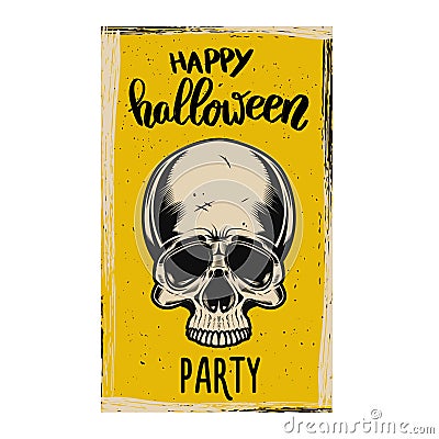 Flyer template of Halloween party. Evil skull on grunge background. Design element for poster, card, banner. Vector Illustration