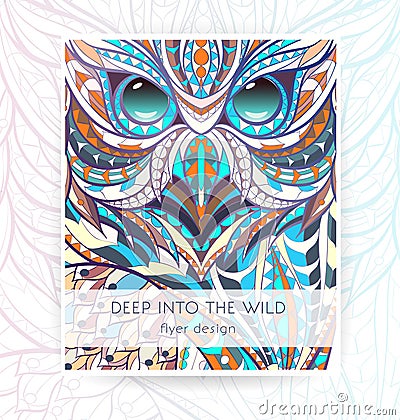 Flyer template with patterned owl. Vector Illustration