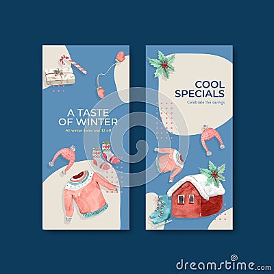 Flyer template with winter sale concept design for brochure,advertise,marketing and leaflet watercolor vector illustration Stock Photo