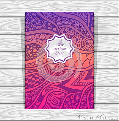 Flyer Template Zen-doodle or Zen-tangle texture or pattern in lilac orange pink Vector Illustration