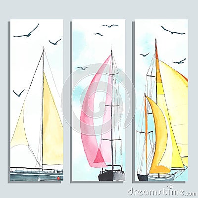 Flyers with watercolor sailboats Vector Illustration