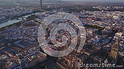Flyg- sikt av den historiska staden och domkyrkan av Seville, Spanien stock video Flyg- sikt av den historiska staden och domkyrkan av Seville, Spanien stock video