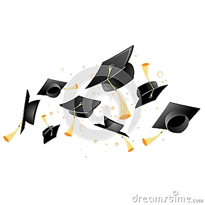 Flying academic mortarboard - graduation, throw of student hats Vector Illustration