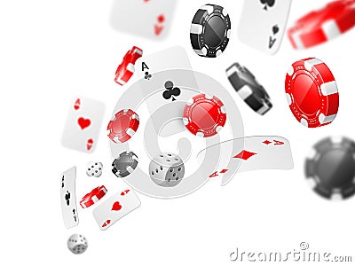 Flying aces and chips. Realistic gambling elements, 3d cards, different suits gamble aces and red and black casino game Vector Illustration