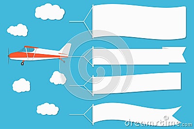 Flying advertising banner. Plane with horizontal banners on blue sky background. Vector Illustration
