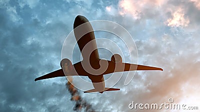 Flying aircraft with exploding aero engine just before air crash. 3D illustration Cartoon Illustration
