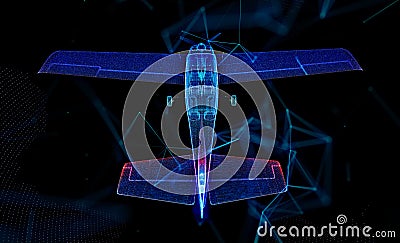 Flying aircraft. Low-poly model of air transport. Blue background Stock Photo