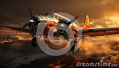 Flying airplane, propeller spinning, military speed, airshow stunt, sunset cockpit generated by AI Stock Photo