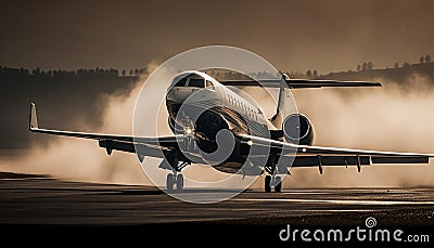 Flying airplane propels through sunset sky, luxury journey in motion generated by AI Stock Photo