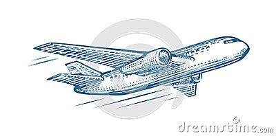 Flying airplane sketch. Air transportation, airline, retro plane vector illustration Vector Illustration