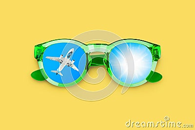 Flying airplane, sun, blue sky, sunglasses reflection, glasses, summer holidays, vacation flight, travel agency, tourism Stock Photo