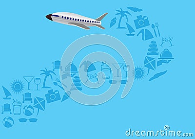 Flying Airplane with Trail of Vacation icons Vector Illustration Vector Illustration