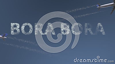 Flying airplanes trails and Bora Bora caption. Vacation travel conceptual 3D rendering Stock Photo