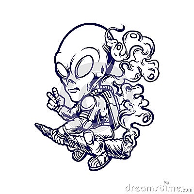 Flying alien astronaut with smoking cannabis illustrations silhouette Vector Illustration