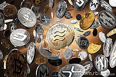 Flying altcoins with Libra concept coin in the center as probably new the most popular cryptocurrency. Golden starburst background Editorial Stock Photo