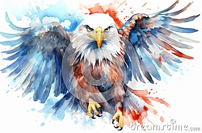Flying american bald eagle on white background. Cartoon Illustration