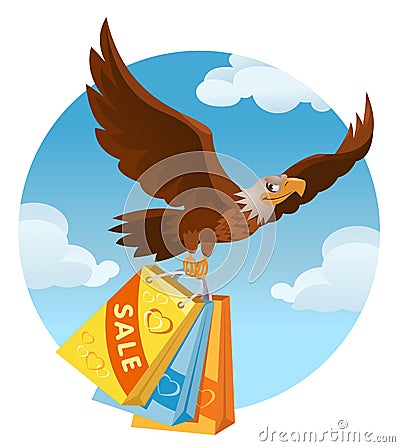 Flying American eagle carries the shopping bags from the sale. Vector Illustration