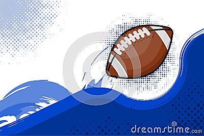 A flying american football ball abowe blue flat wave. Abstract background Vector Illustration