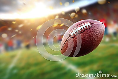 Flying American football ball with blurry stadium in background Stock Photo