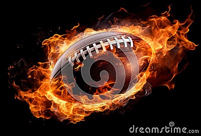 Flying american football ball in flames on pure black background Stock Photo