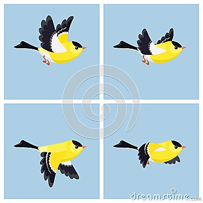 Flying American Goldfinch male animation sprite sheet Vector Illustration