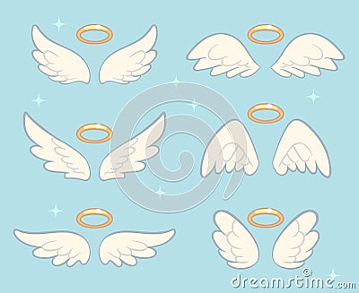 Flying angel wings with gold nimbus. Angelic wing cartoon vector set Vector Illustration