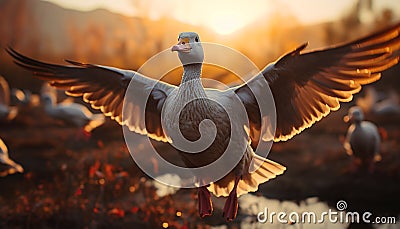 Flying animals in the wild, feathers spread, bask in sunset beauty generated by AI Stock Photo