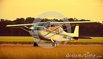 Flying antique biplane performs stunt at airshow in sunset generated by AI Stock Photo