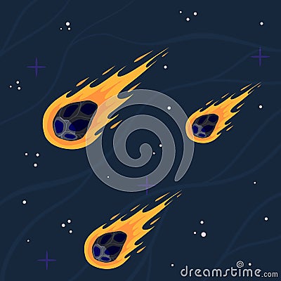 Flying asteroid, Burning comet Vector Illustration