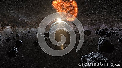 Flying asteroid, meteorite to Earth. outer space. Armageddon. 3d rendering Stock Photo