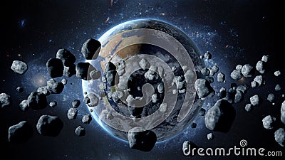 Flying asteroid, meteorite to Earth. outer space. Armageddon. 3d rendering Stock Photo
