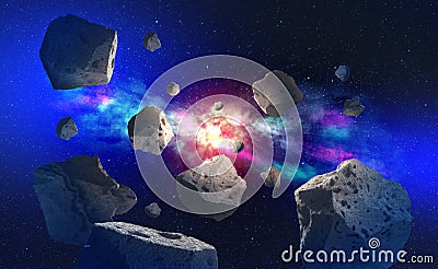 Flying asteroids in outer space. Big bang and meteor shower Stock Photo