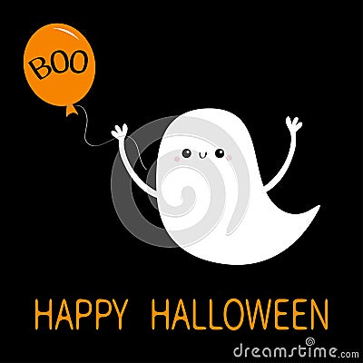 Flying baby ghost spirit holding balloon with Boo text. Happy Halloween. Cute cartoon white scary spooky character. Smiling face, Vector Illustration