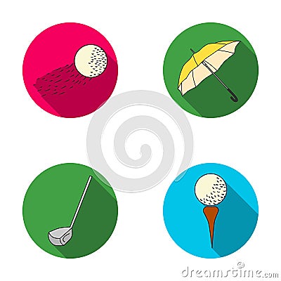 A flying ball, a yellow umbrella, a golf club, a ball on a stand. Golf Club set collection icons in flat style vector Vector Illustration