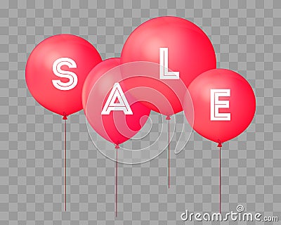 Flying balloons, concept of SALE for shops. Four red flying party balloons with text SALE on transparent Vector Illustration