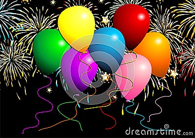 Flying balloons with fireworks Vector Illustration