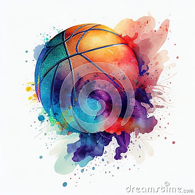 Flying Basketball Ball Drawing Paint Watercolor White Background Generative AI Stock Photo