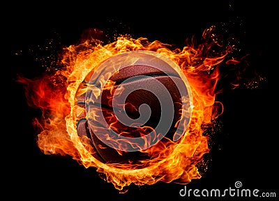 Flying basketball ball in flames on pure black background Stock Photo
