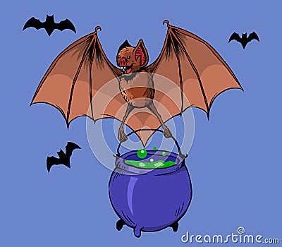 Flying Bat Bring Witch Potion Vector Illustration