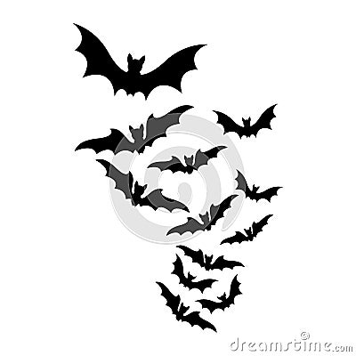 Flying bats halloween swarm silhouette isolated on white background Vector Illustration