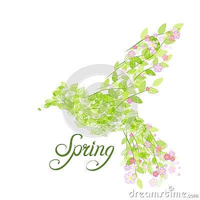 Flying beautiful bird with flowers and green leaves Vector Illustration