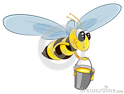 Flying bee character with bucket honey Vector Illustration