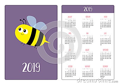 Flying bee insect. Simple pocket calendar layout 2019 new year. Week starts Sunday. Vertical orientation. Cartoon kawaii funny Vector Illustration