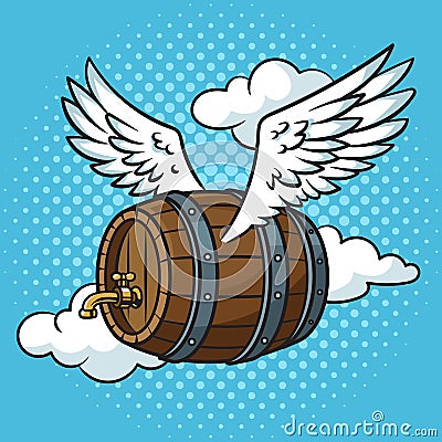 flying beer wooden barrel pop art raster Cartoon Illustration