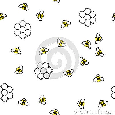 Flying bees and honeycombs seamless pattern. Vector Illustration