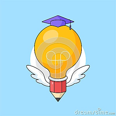 Flying big head light bulb lamp pencil with wing and toga hat vector illustration for smart education visual concept design Cartoon Illustration